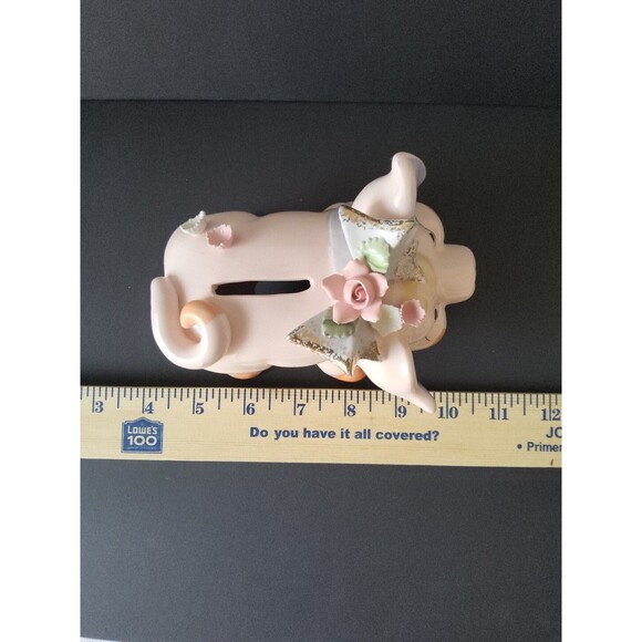 Vintage Lefton Cottagecore Kitsch Ceramic 3D  Flower Pink Pig Piggy Coin Bank - Picture 11 of 12